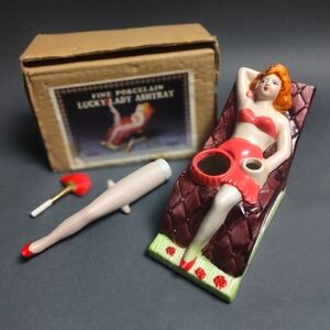 Vintage Porcelain Lucky Lady Ashtray - With Moving Leg And Fan In Original Box